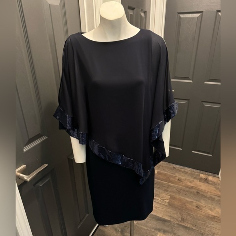 Joseph Ribkoff navy dress with Shaw sz 6 navy w/ stones